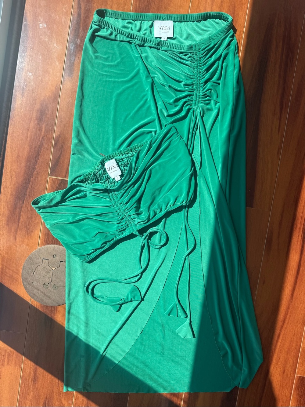 Misa Los Angeles Emerald Green Side-Ruched Maxi Skirt bandeau set - Picture 2 of 10